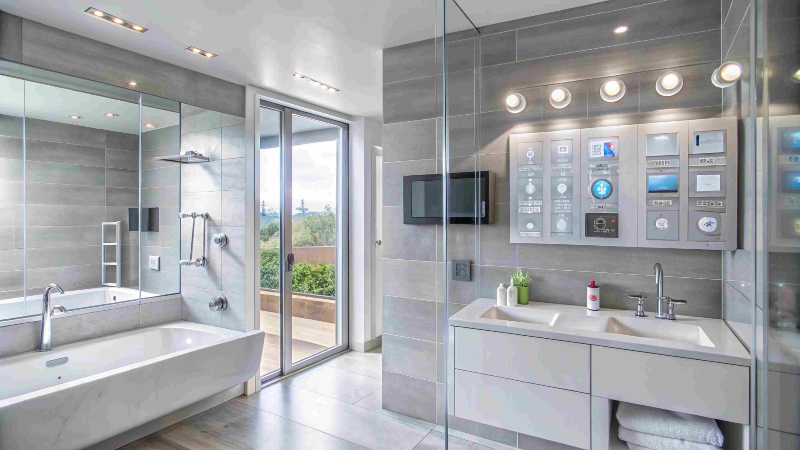 modern bathroom with bathtub double sink vanity smart home technology